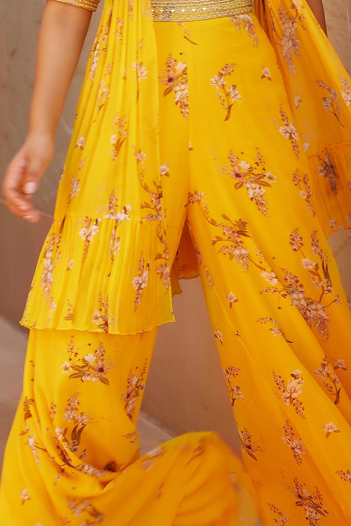 Yellow Chiffon Printed Wedding Sharara Set With Jacket by Sana Barreja at Pernia's Pop Up Shop