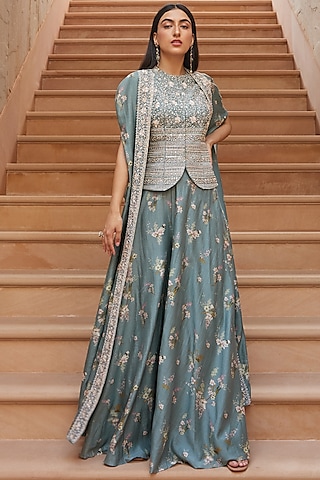 Ice Blue Printed Sharara Set With Cape by Sana Barreja