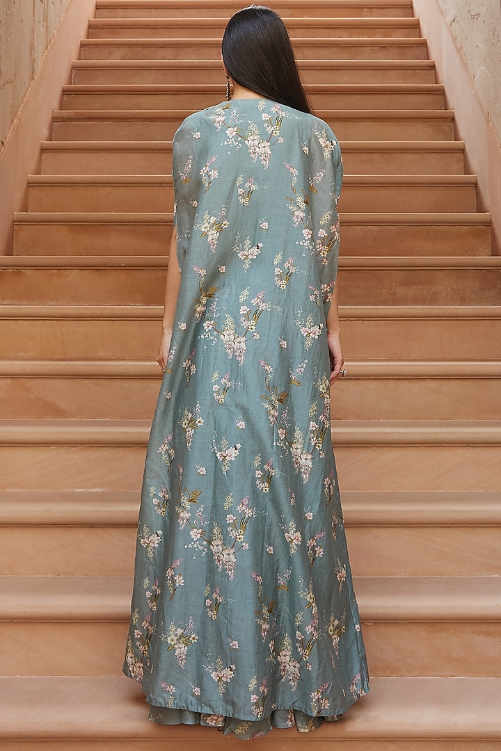 Ice Blue Printed Wedding Sharara Set With Cape by Sana Barreja at Pernia's Pop Up Shop