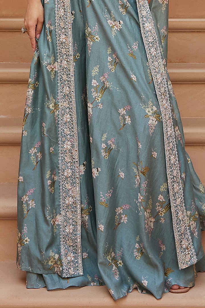 Ice Blue Printed Wedding Sharara Set With Cape by Sana Barreja at Pernia's Pop Up Shop