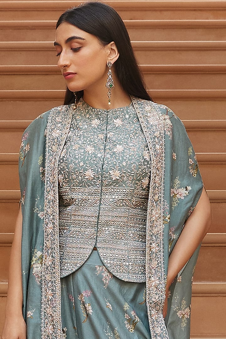 Ice Blue Printed Wedding Sharara Set With Cape by Sana Barreja at Pernia's Pop Up Shop