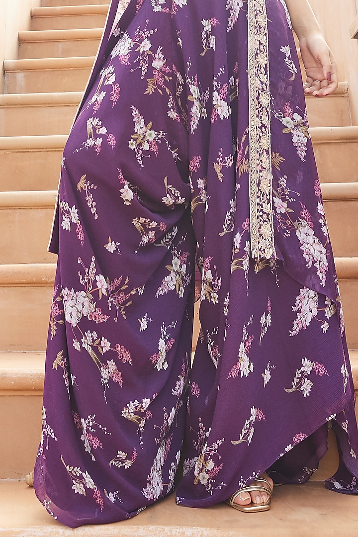 Purple Chiffon Magnolia Printed Cape Set by Sana Barreja at Pernia's Pop Up Shop