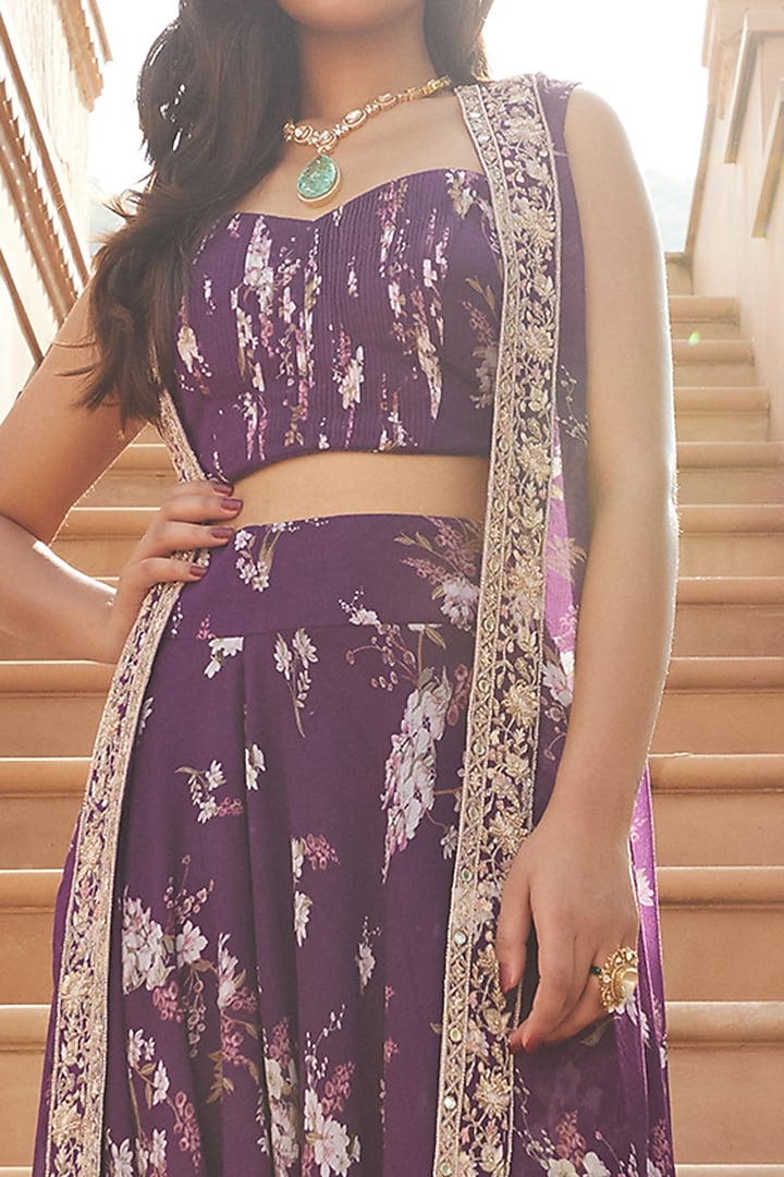 Purple Chiffon Magnolia Printed Cape Set by Sana Barreja at Pernia's Pop Up Shop