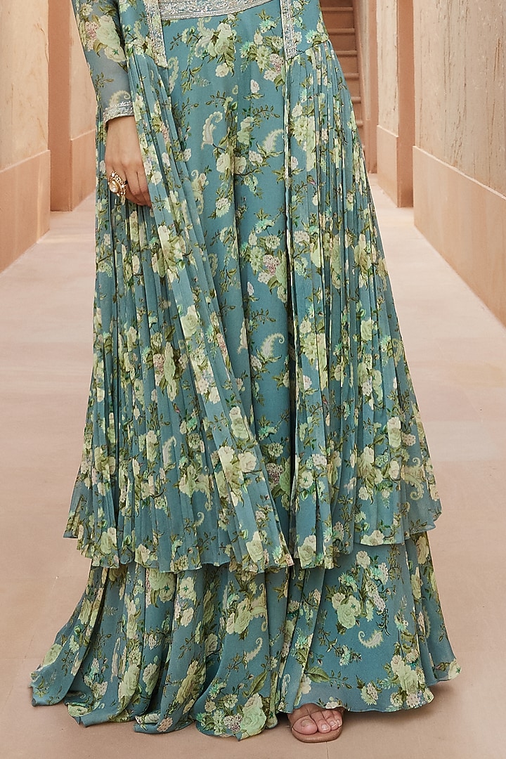 Ice Blue Printed Wedding Sharara Set by Sana Barreja at Pernia's Pop Up Shop