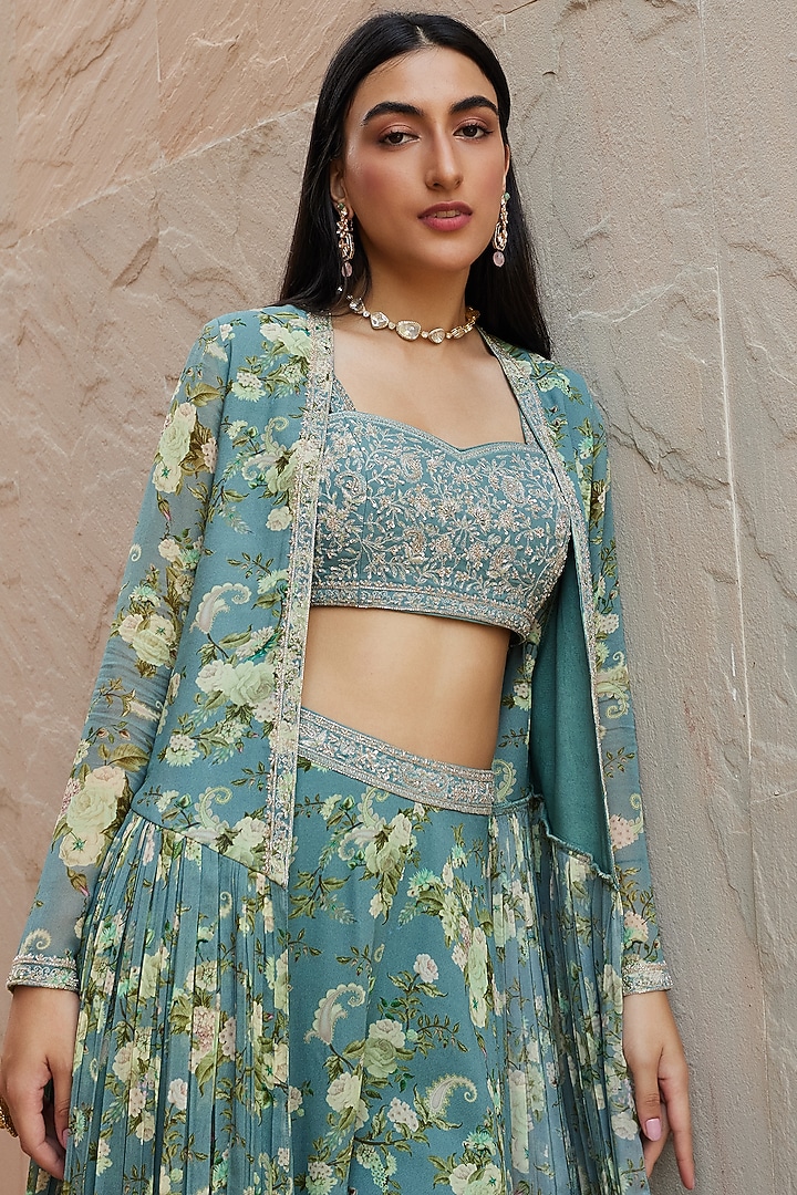 Ice Blue Printed Wedding Sharara Set by Sana Barreja at Pernia's Pop Up Shop