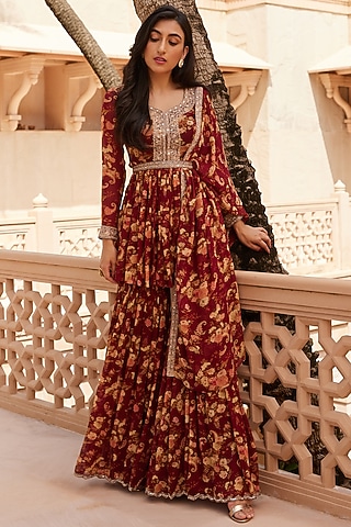 Marsala Red Printed Gharara Set With Belt by Sana Barreja