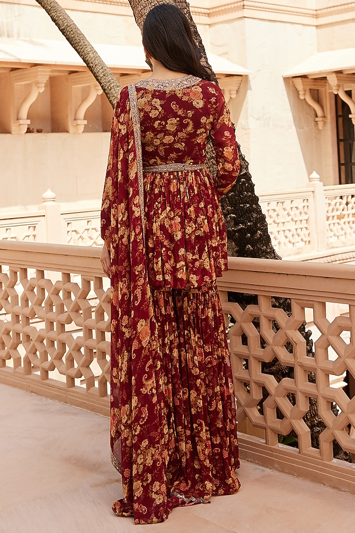 Marsala Red Printed Gharara Set With Belt by Sana Barreja at Pernia's Pop Up Shop