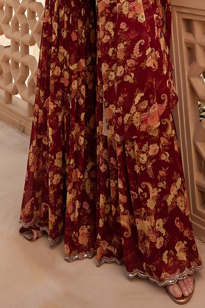 Marsala Red Printed Gharara Set With Belt by Sana Barreja at Pernia's Pop Up Shop