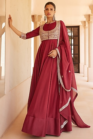 Marsala Red Chanderi Silk Anarkali Set by Sana Barreja