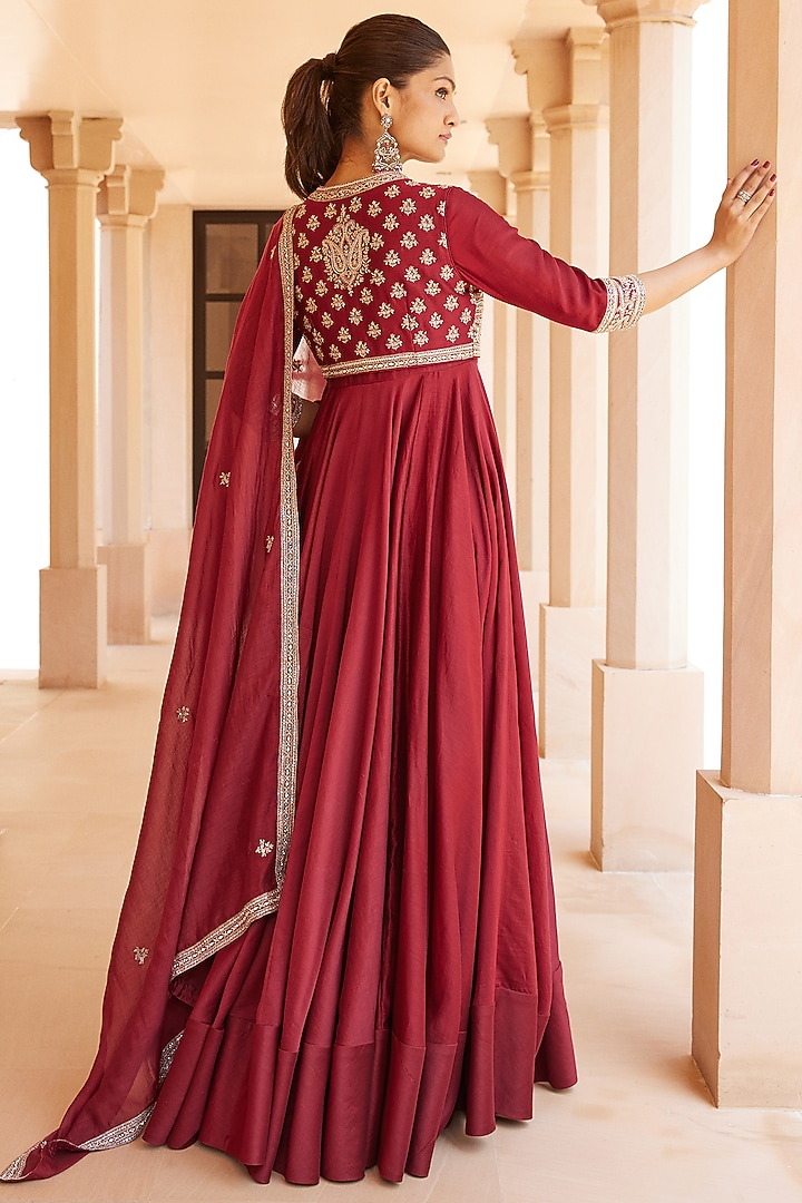 Marsala Red Chanderi Silk Wedding Anarkali Set by Sana Barreja at Pernia's Pop Up Shop