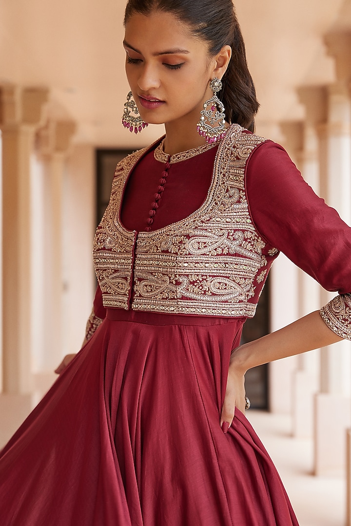 Marsala Red Chanderi Silk Wedding Anarkali Set by Sana Barreja at Pernia's Pop Up Shop
