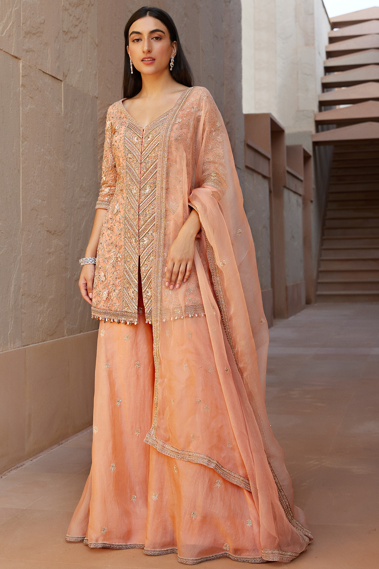 Peach Net Gharara Set by Sana Barreja at Pernia's Pop Up Shop