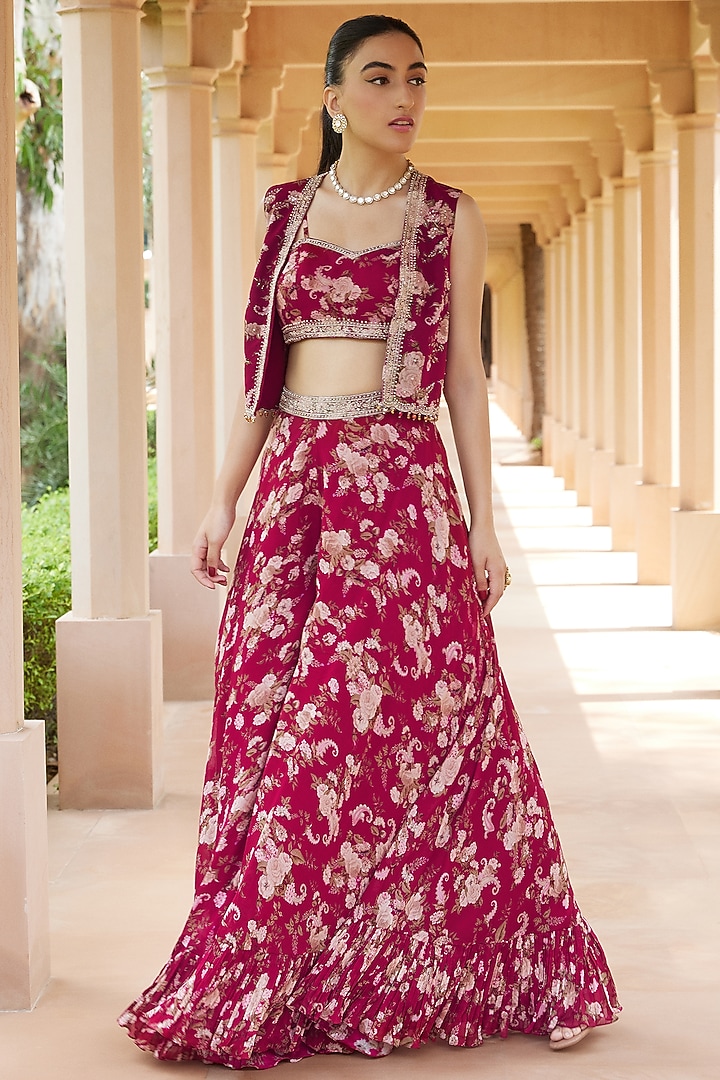 Fuchsia Paisley Printed Wedding Sharara Set by Sana Barreja at Pernia's Pop Up Shop