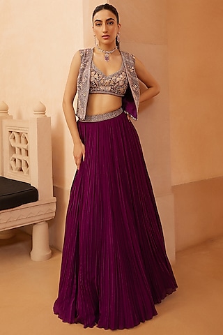Purple Georgette Lehenga Set by Sana Barreja