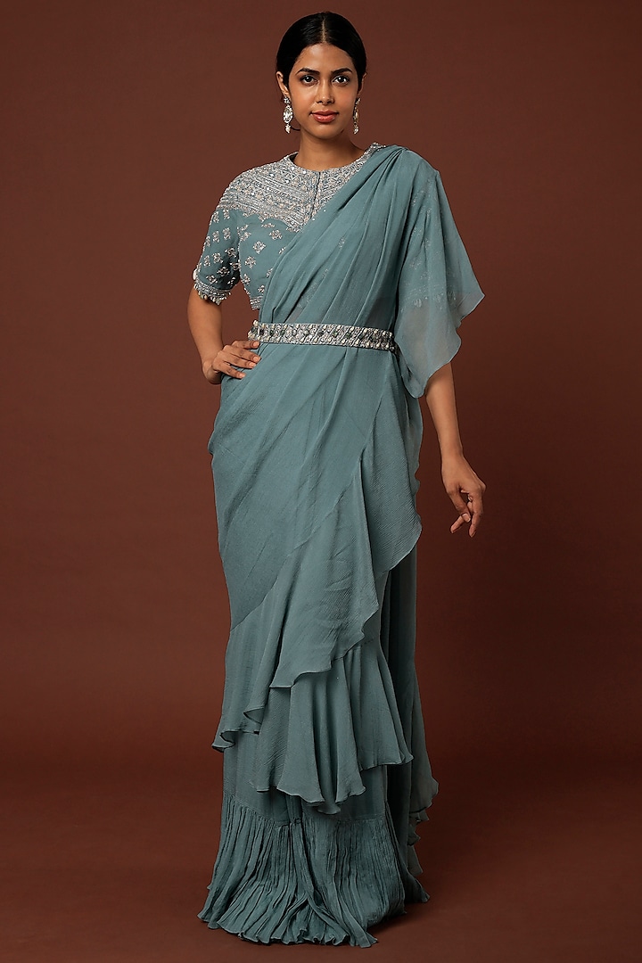 Blue Silk Chiffon Pre-Stitched Saree Set by Sana Barreja