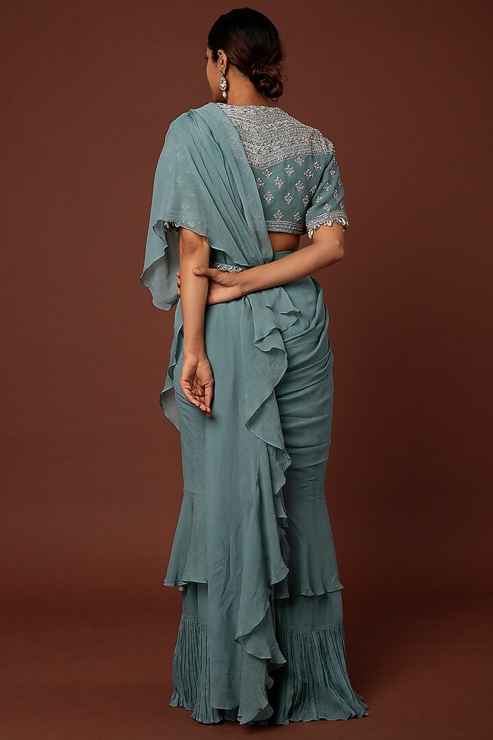 Blue Silk Chiffon Pre-Stitched Wedding Saree Set by Sana Barreja at Pernia's Pop Up Shop