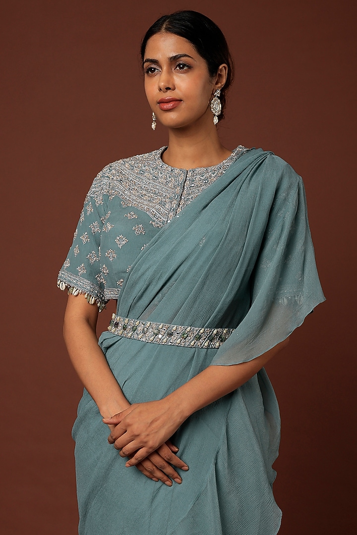 Blue Silk Chiffon Pre-Stitched Wedding Saree Set by Sana Barreja at Pernia's Pop Up Shop