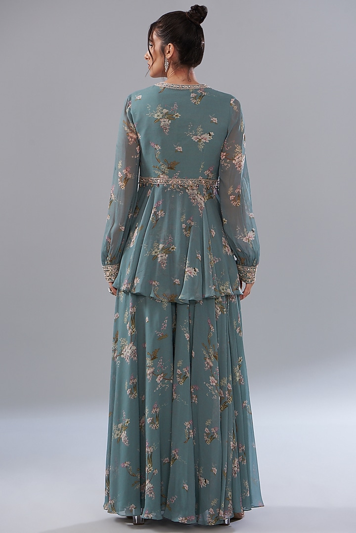 Blue Georgette Printed Party Wear Sharara Set by Sana Barreja at Pernia's Pop Up Shop