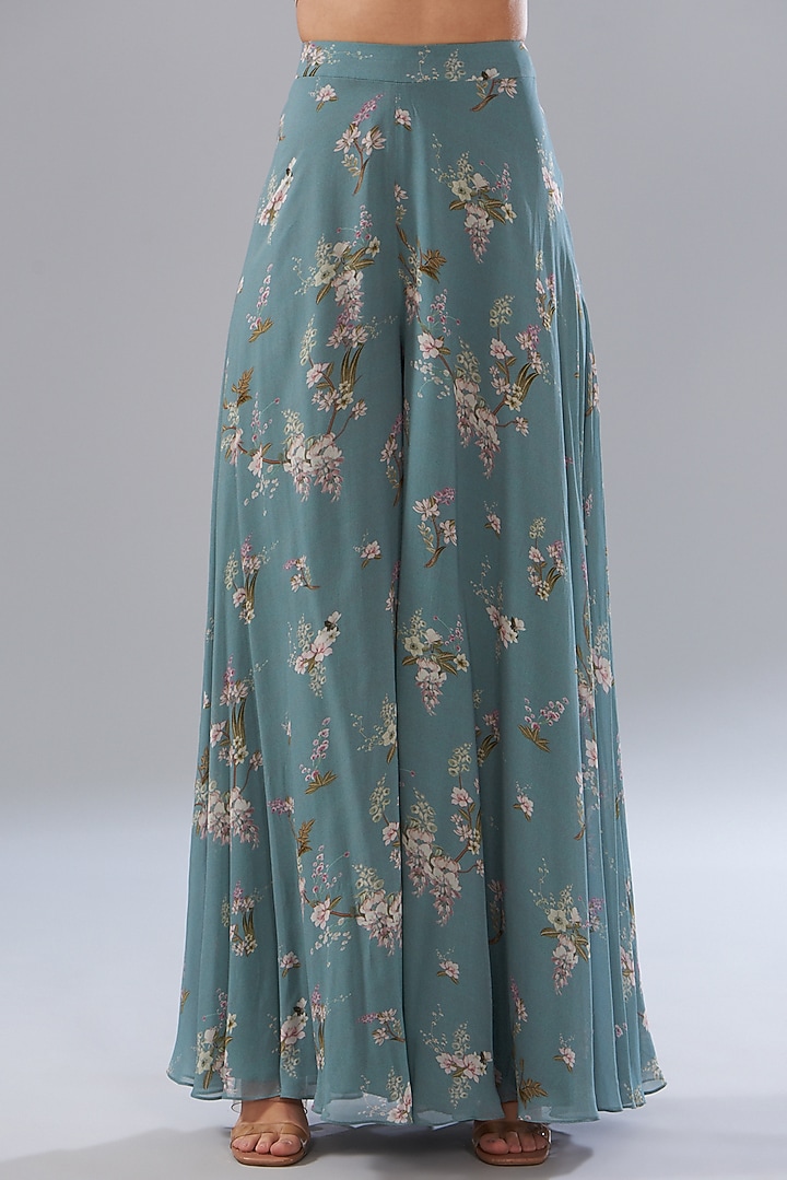 Blue Georgette Printed Party Wear Sharara Set by Sana Barreja at Pernia's Pop Up Shop