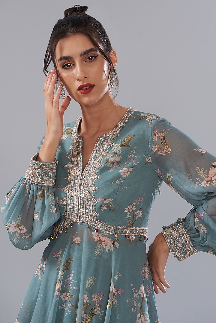 Blue Georgette Printed Party Wear Sharara Set by Sana Barreja at Pernia's Pop Up Shop