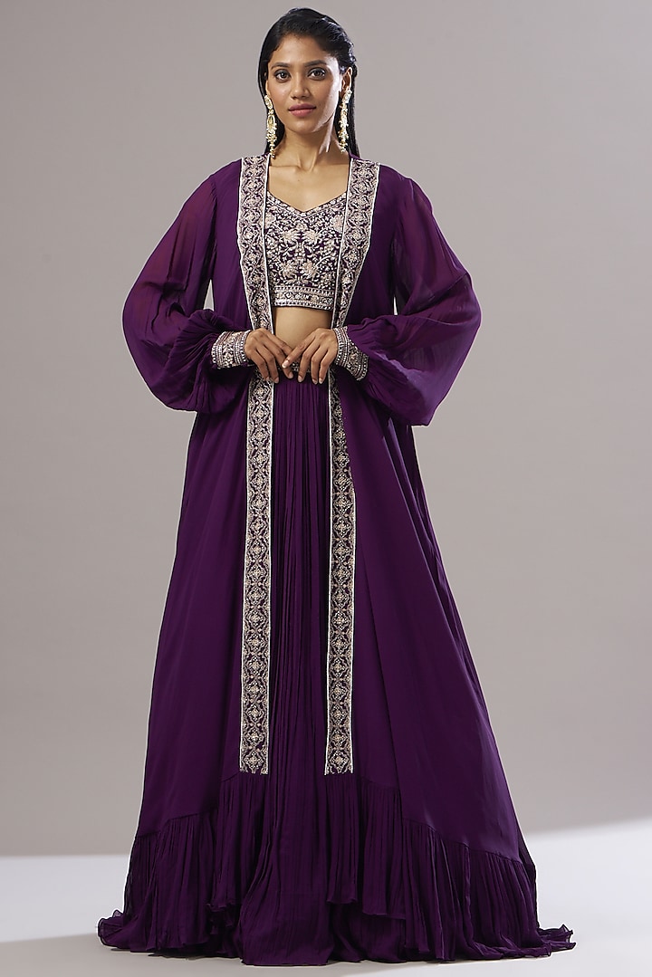 Purple Embroidered Jacket Lehenga Set by Sana Barreja