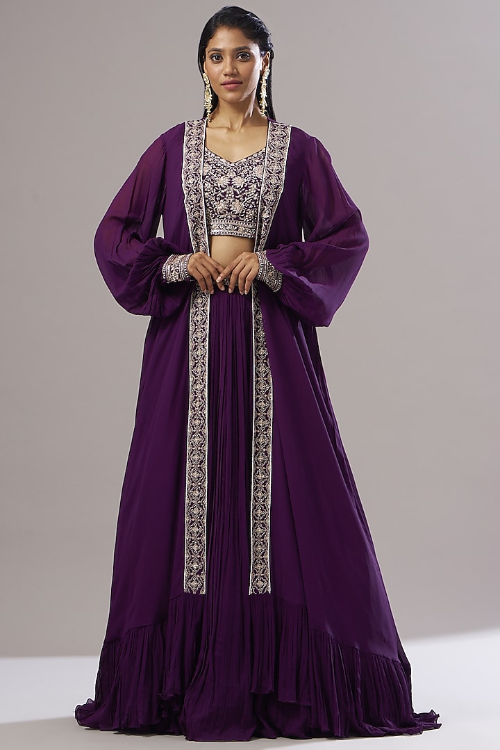 Purple Embroidered Jacket Wedding Lehenga Set by Sana Barreja at Pernia's Pop Up Shop