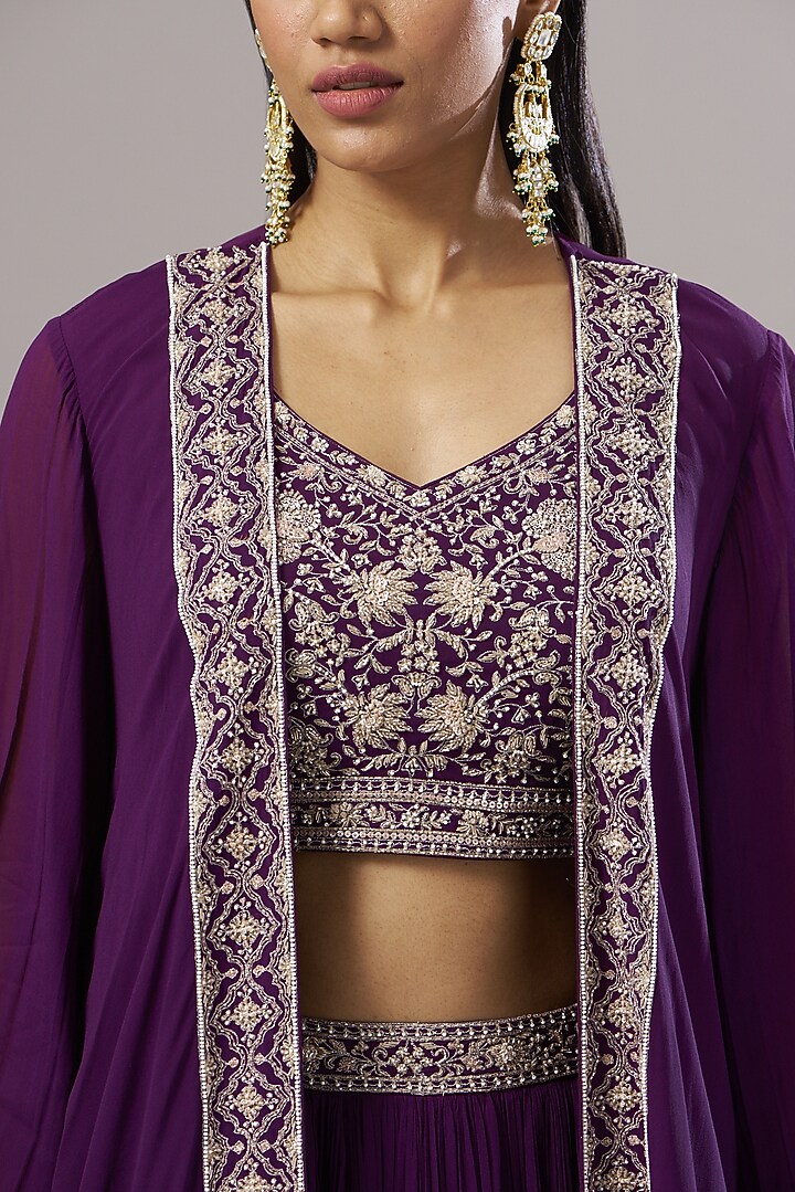 Purple Embroidered Jacket Wedding Lehenga Set by Sana Barreja at Pernia's Pop Up Shop