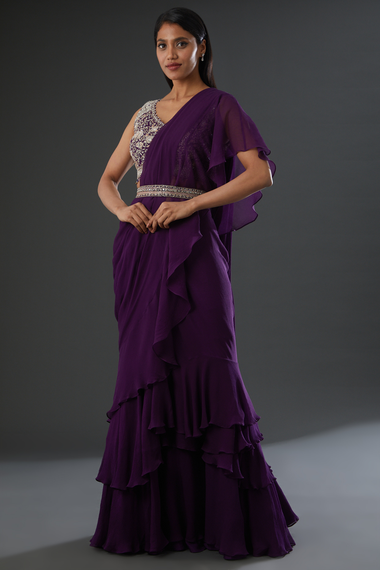 Purple Silk Pre-Stitched Saree Set by Sana Barreja