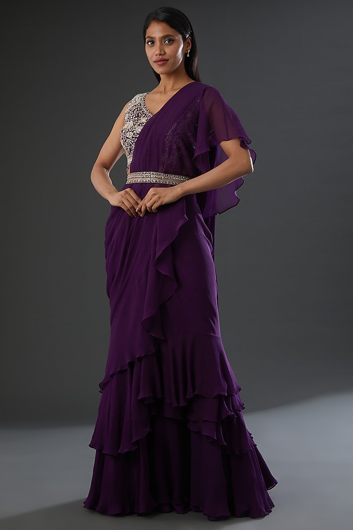Purple Silk Pre-Stitched Saree Set by Sana Barreja