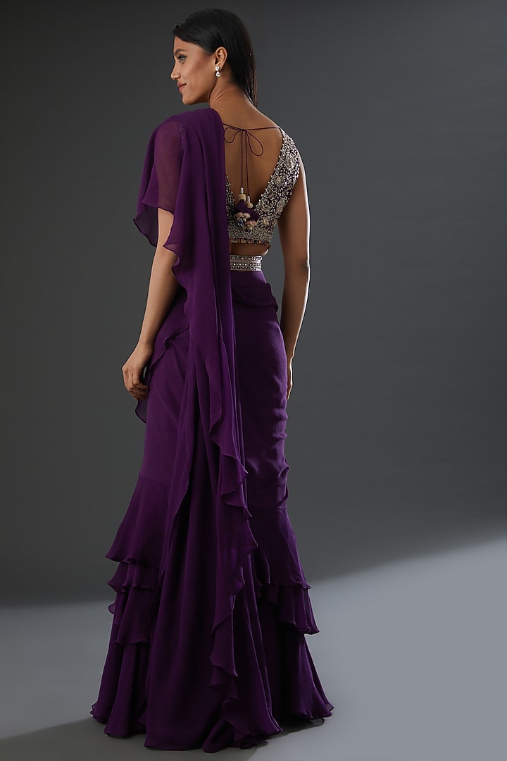 Purple Silk Pre-Stitched Wedding Saree Set by Sana Barreja at Pernia's Pop Up Shop