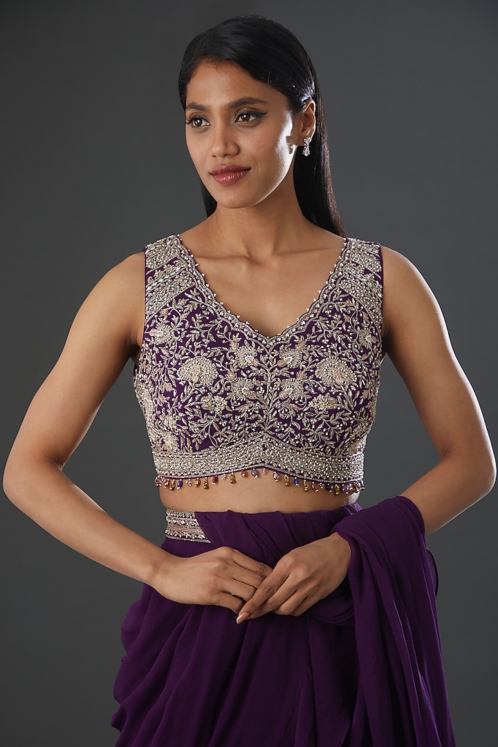 Purple Silk Pre-Stitched Wedding Saree Set by Sana Barreja at Pernia's Pop Up Shop