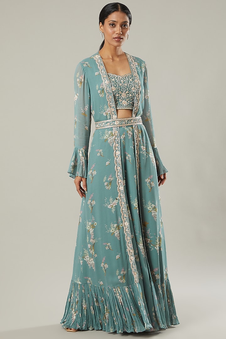 Ice Blue Printed Jacket Set by Sana Barreja at Pernia's Pop Up Shop