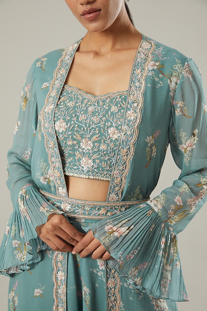 Ice Blue Printed Jacket Set by Sana Barreja at Pernia's Pop Up Shop