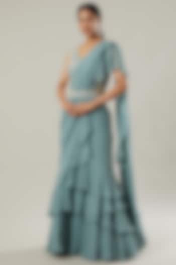 Blue Georgette Pre Stitched Saree Set by Sana Barreja