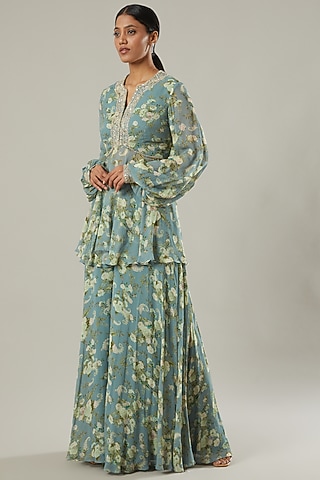 Sky Blue Printed Sharara Set by Sana Barreja