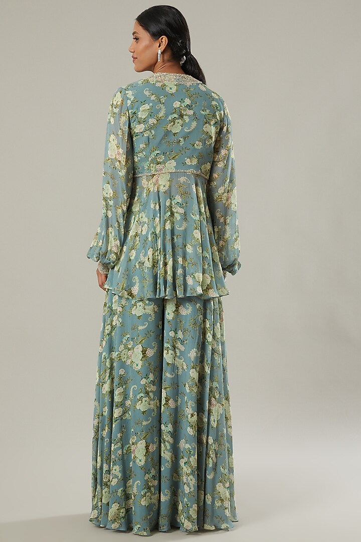 Sky Blue Printed Party Wear Sharara Set by Sana Barreja at Pernia's Pop Up Shop