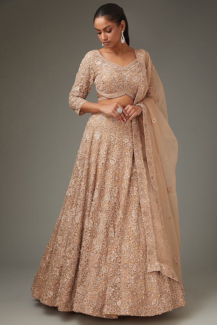 Champagne Net Floral Hand Embroidered Lehenga Set by Sana Barreja