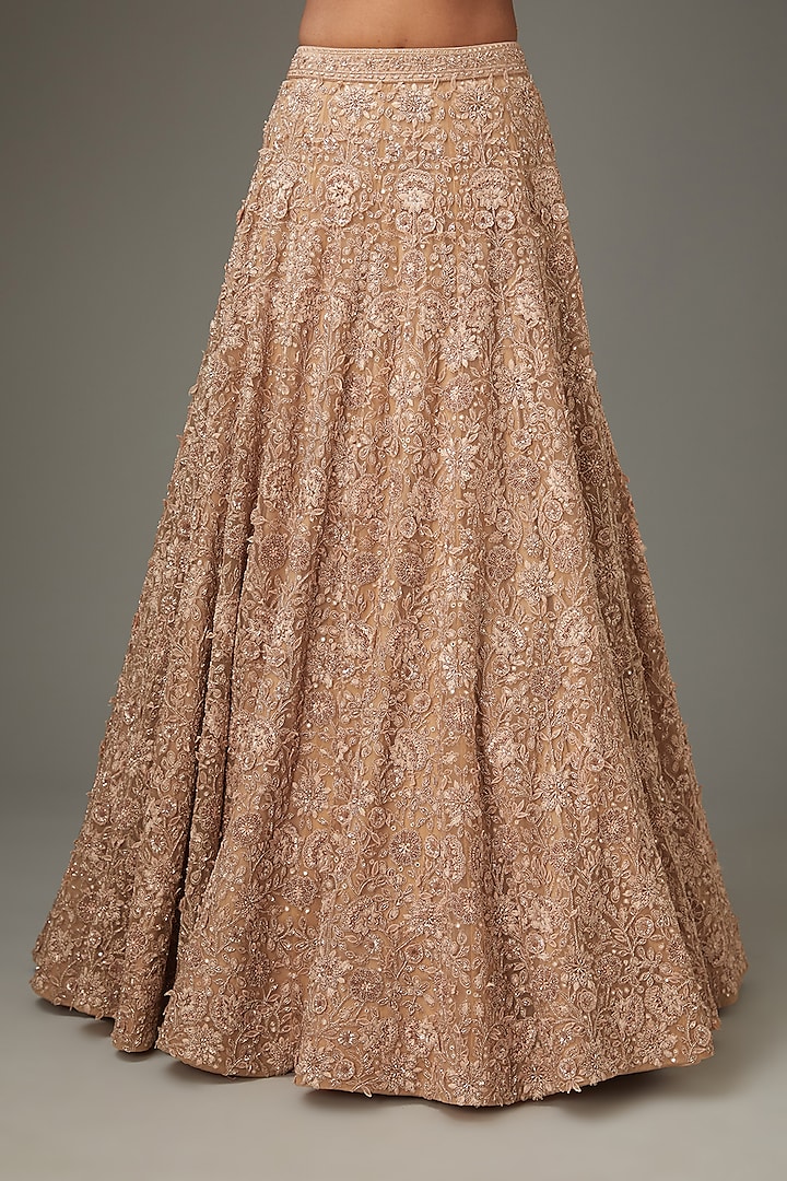 Champagne Net Floral Hand Embroidered Bridal Lehenga Set by Sana Barreja at Pernia's Pop Up Shop