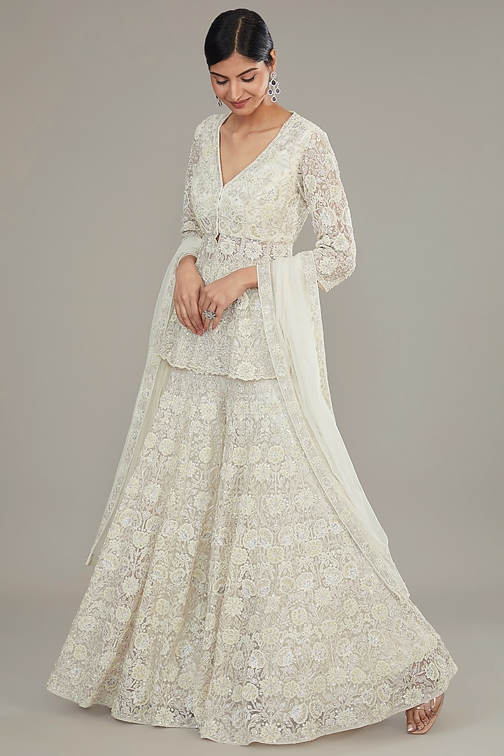 White Net Hand Embroidered Sharara Set by Sana Barreja