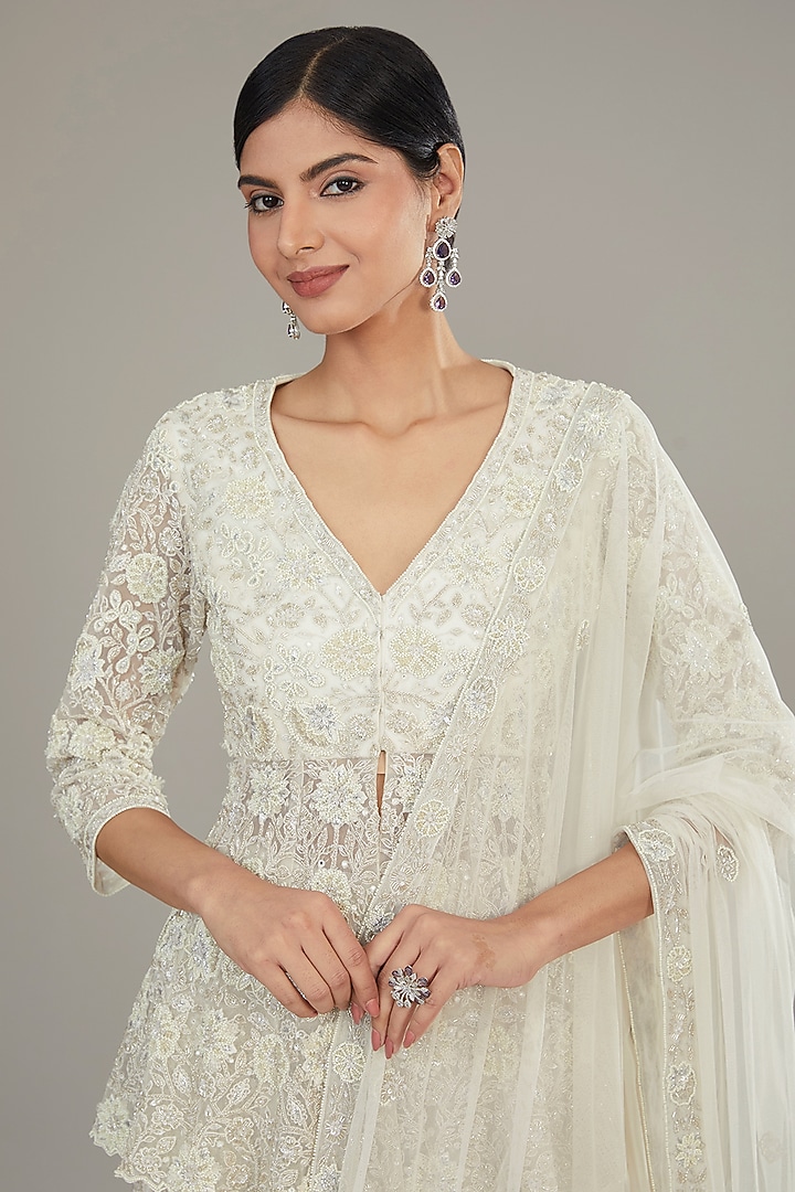 White Net Hand Embroidered Bridal Sharara Set by Sana Barreja at Pernia's Pop Up Shop