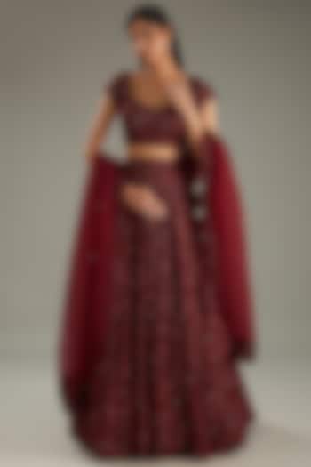 Marsala Red Net Hand Embroidered Bridal Lehenga Set by Sana Barreja at Pernia's Pop Up Shop