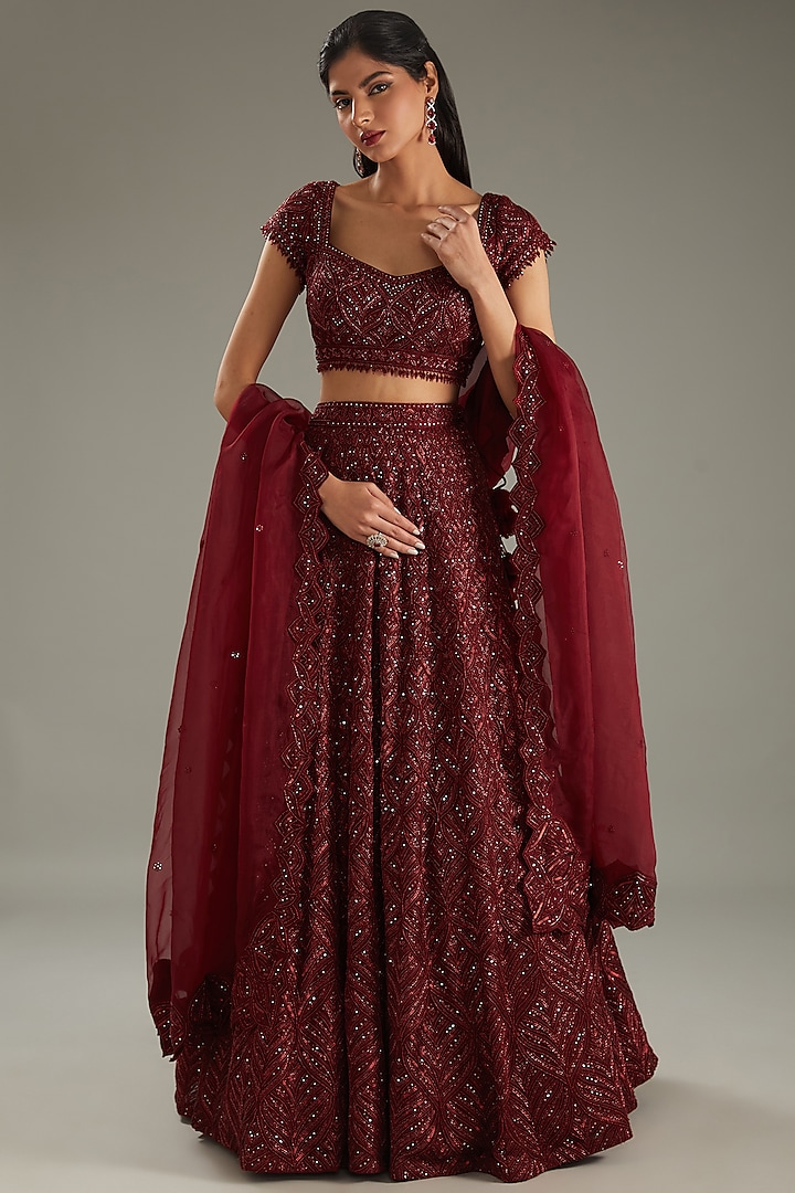 Marsala Red Net Hand Embroidered Bridal Lehenga Set by Sana Barreja at Pernia's Pop Up Shop