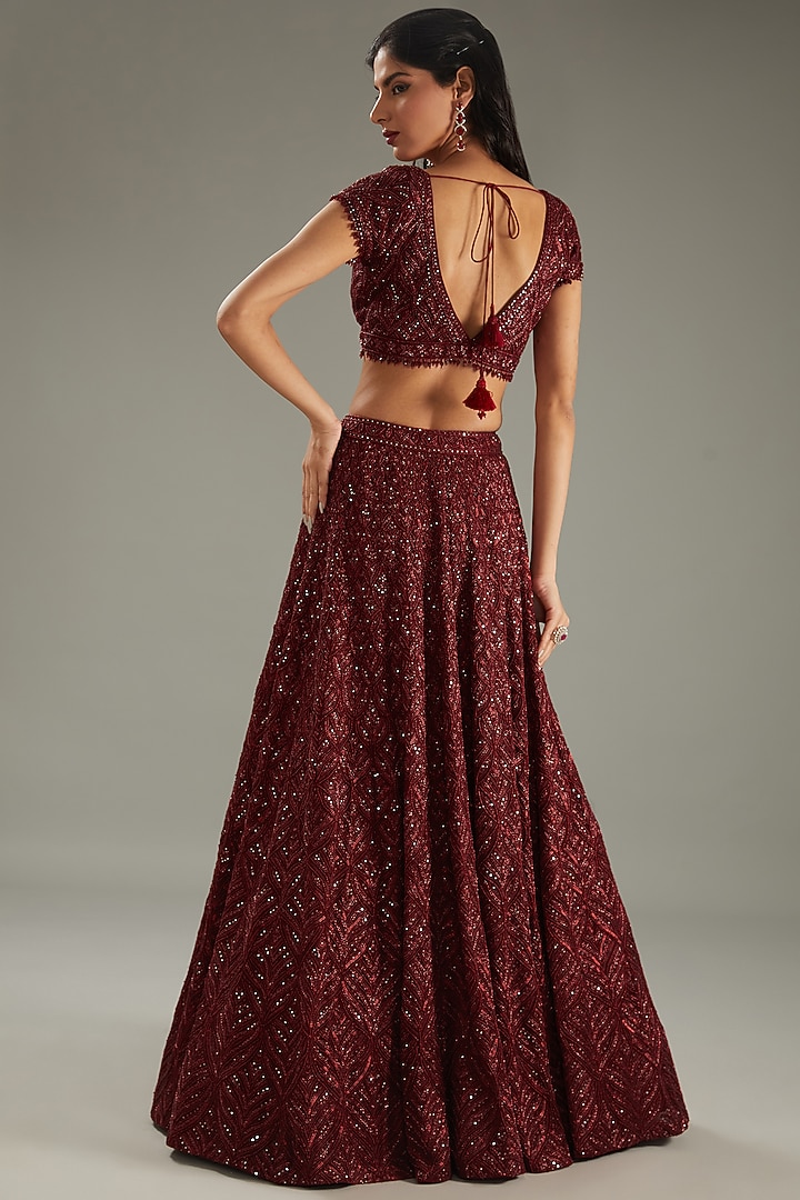 Marsala Red Net Hand Embroidered Bridal Lehenga Set by Sana Barreja at Pernia's Pop Up Shop