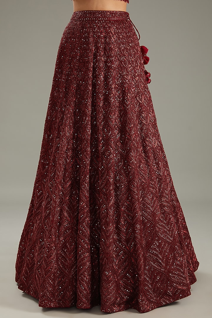 Marsala Red Net Hand Embroidered Bridal Lehenga Set by Sana Barreja at Pernia's Pop Up Shop