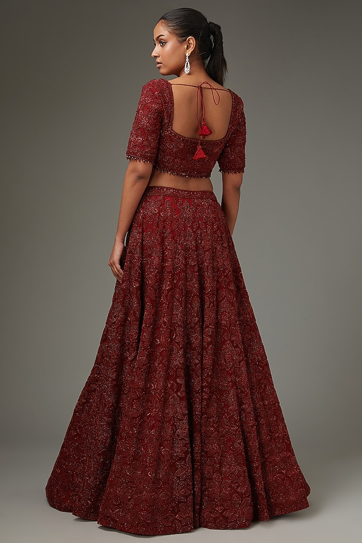 Marsala Red Net Hand Embroidered Bridal Lehenga Set by Sana Barreja at Pernia's Pop Up Shop