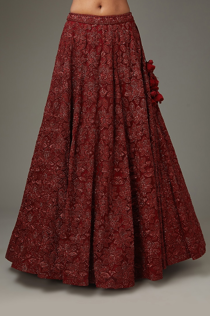 Marsala Red Net Hand Embroidered Bridal Lehenga Set by Sana Barreja at Pernia's Pop Up Shop