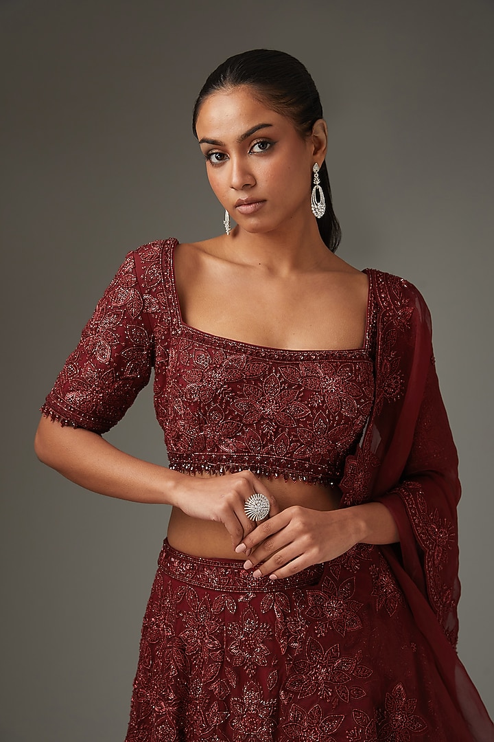 Marsala Red Net Hand Embroidered Bridal Lehenga Set by Sana Barreja at Pernia's Pop Up Shop