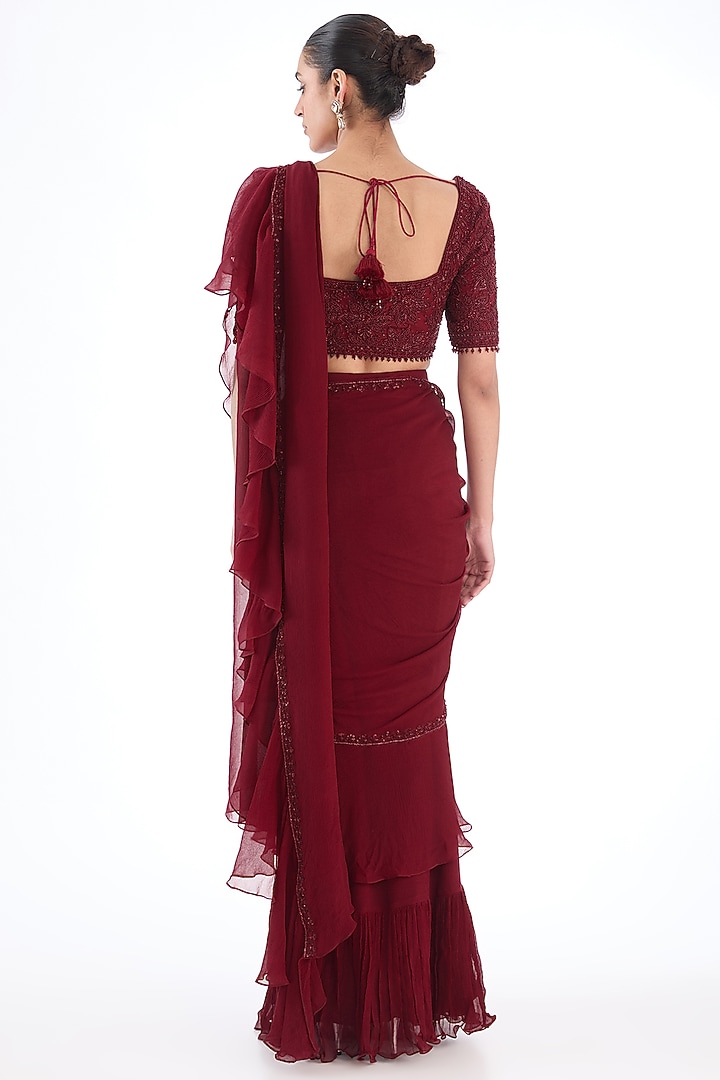 Maroon Silk Chiffon & Net Hand Embroidered Wedding Saree Set by Sana Barreja at Pernia's Pop Up Shop