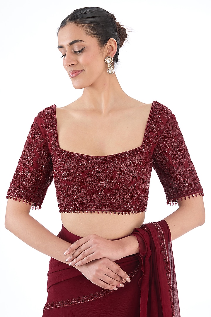 Maroon Silk Chiffon & Net Hand Embroidered Wedding Saree Set by Sana Barreja at Pernia's Pop Up Shop
