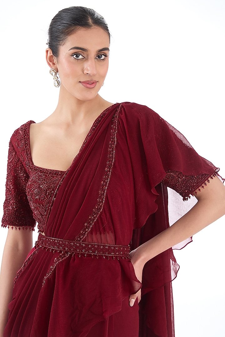 Maroon Silk Chiffon & Net Hand Embroidered Wedding Saree Set by Sana Barreja at Pernia's Pop Up Shop